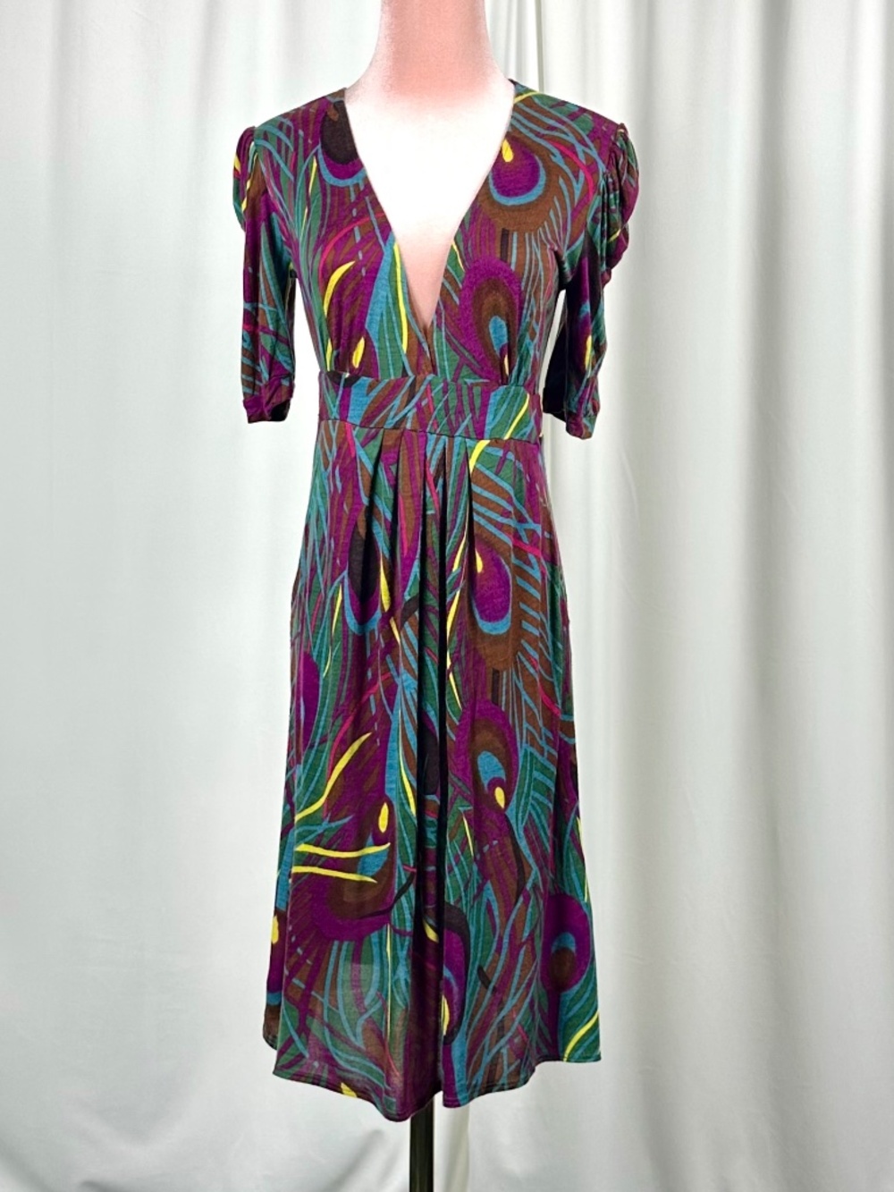 T-Bags Los Angeles Y2K Peacock Print Mini Dress Boho Festival Deep V Size M